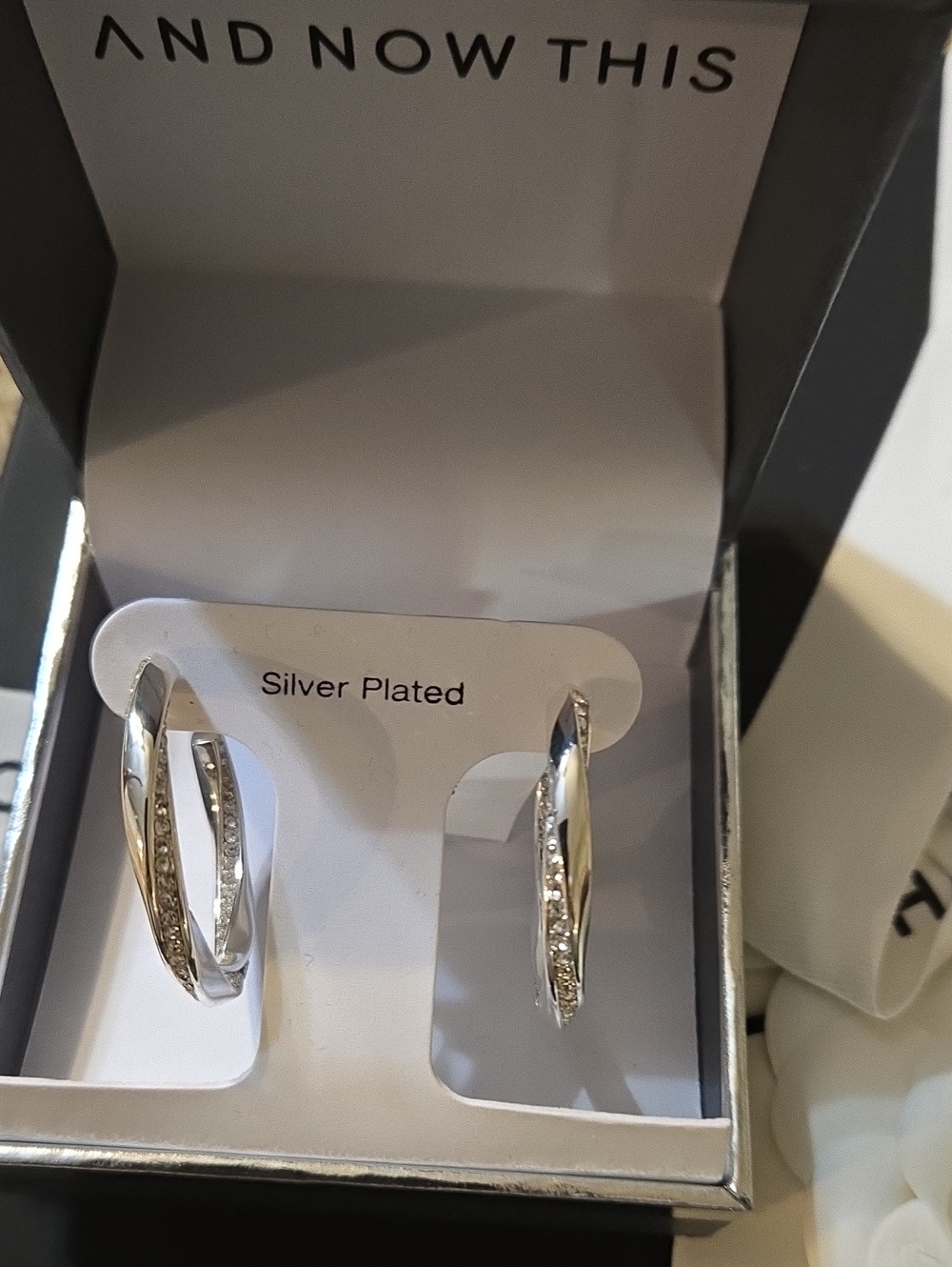 Silver-Plated Twisted Hoop Earrings with Crystal Accents - AND NOW THIS